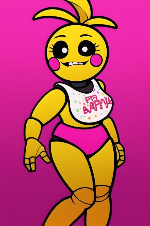 <lora:toychica-06:1> toychica,  simple pink background, full body,  <lora:cah-09:1> cah, detailed shading, detailed ambient light, detailed background, masterpiece,