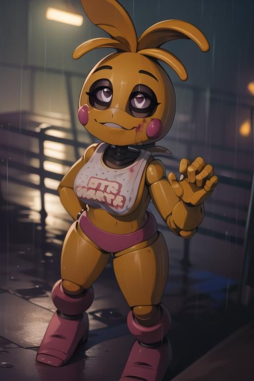 <lora:toychica-07:1> toychica, full body, <lora:yllicft-10:1>  yllicft, solo, rain, injury, blood on face, bandaid on face, bandaid, looking up, detailed shading, detailed ambient light, detailed background, masterpiece,