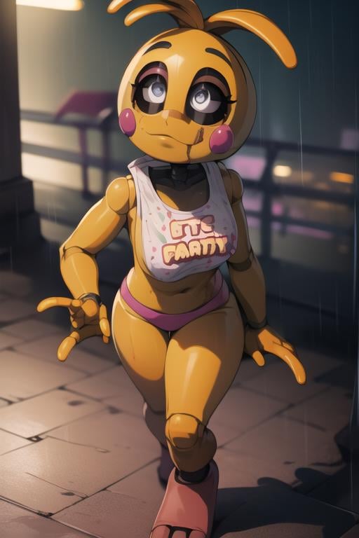 <lora:toychica-07:1> toychica, full body, <lora:yllicft-10:1>  yllicft, solo, rain, injury, blood on face, bandaid on face, bandaid, looking up, detailed shading, detailed ambient light, detailed background, masterpiece,