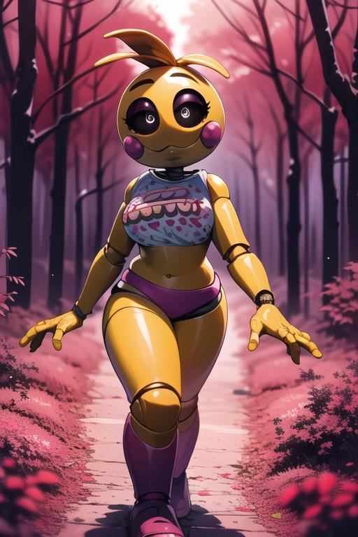 <lora:toychica-08:1> toychica, full body, solo, detailed background, walking on alien planet, red forest, purple sky, detailed shading, detailed ambient light, detailed background, masterpiece,