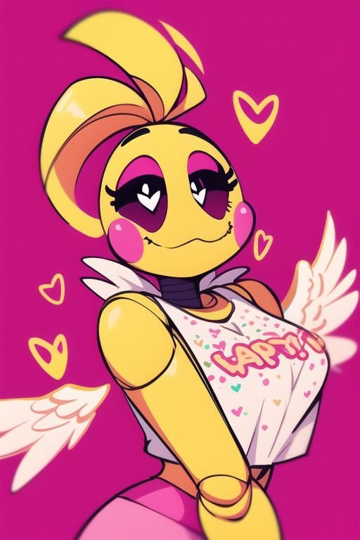 <lora:toychica-08:1> toychica,,  simple pink background, full body,  2d, simple background, hearts, angel wings, angel halo, ponytail, tied hair,, detailed shading, detailed ambient light, detailed background, masterpiece,