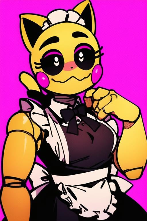 <lora:toychica-08:1> toychica, simple pink background, ((wearing maid outfit, black dress, maid outfit, cat ears)), detailed shading, detailed ambient light, detailed background, masterpiece,