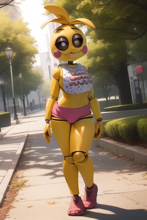 <lora:toychica-08:1> toychica, full body, detailed background, outdoors pulic park, flat chest, narrow hips, detailed shading, detailed ambient light, detailed background, masterpiece,