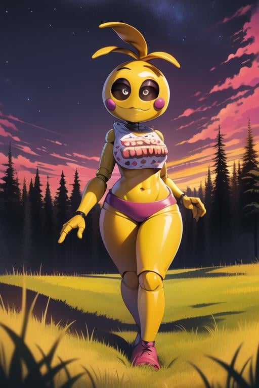 <lora:toychica-08:1> toychica, full body, solo, detailed background, walking on alien planet, red forest, purple sky, zoomed out shot, grass reaches till hips, detailed shading, detailed ambient light, detailed background, masterpiece,