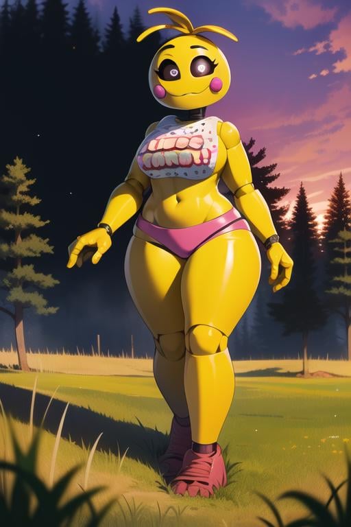 <lora:toychica-09:1> toychica, full body, solo, detailed background, walking on alien planet, red forest, purple sky, zoomed out shot, grass reaches till hips, detailed shading, detailed ambient light, detailed background, masterpiece,