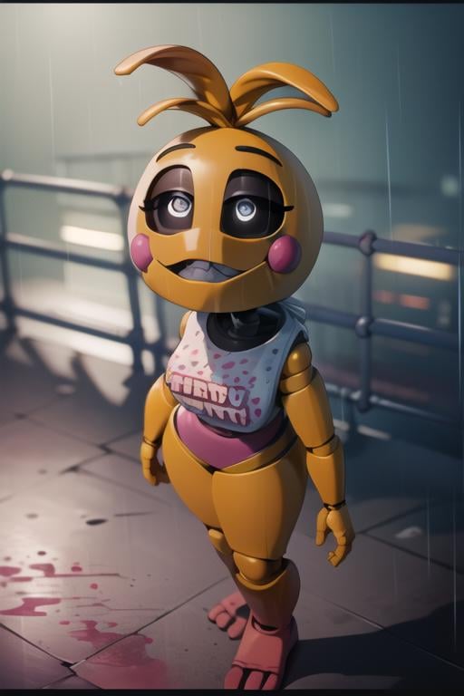 <lora:toychica-09:1> toychica, full body, <lora:yllicft-10:1>  yllicft, solo, rain, injury, blood on face, bandaid on face, bandaid, looking up, detailed shading, detailed ambient light, detailed background, masterpiece,