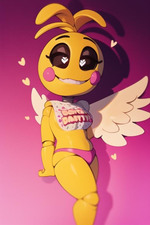 <lora:toychica-09:1> toychica,,  simple pink background, full body,  2d, simple background, hearts, angel wings, angel halo, ponytail, tied hair,, detailed shading, detailed ambient light, detailed background, masterpiece,