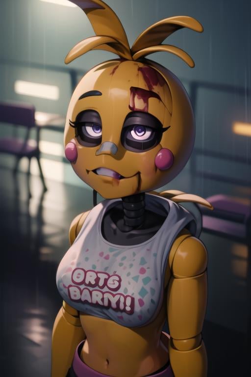 <lora:toychica-09:1> toychica, full body, <lora:yllicft-10:1>  yllicft, solo, rain, injury, blood on face, bandaid on face, bandaid, looking up, detailed shading, detailed ambient light, detailed background, masterpiece,