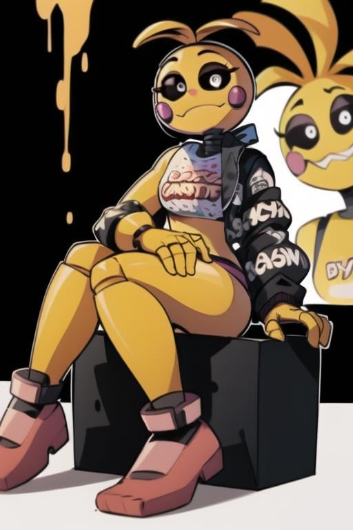 <lora:toychica-10:1> toychica,  full body, sitting, basic black background <lora:attire_dripmeme-10:1> , dripjacket, own hands together, masterpiece, best quality