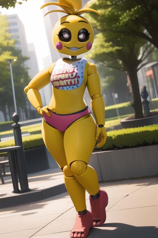 <lora:toychica-10:1> toychica, full body, detailed background, outdoors pulic park, flat chest, narrow hips, detailed shading, detailed ambient light, detailed background, masterpiece,