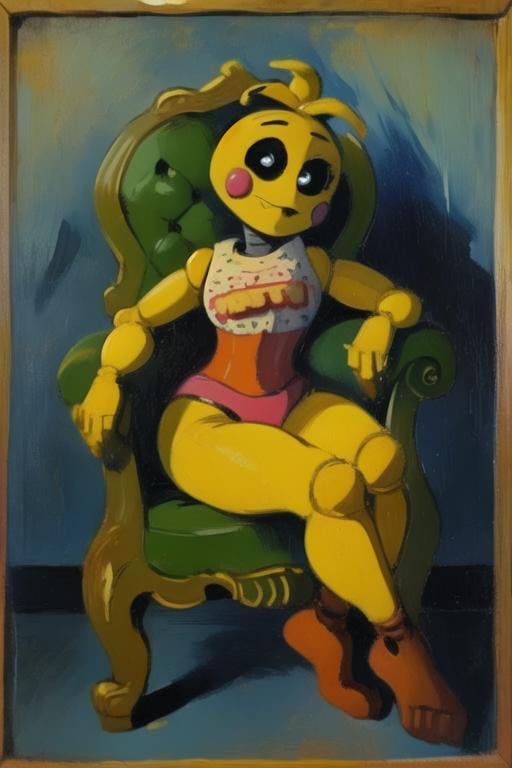 <lora:toychica-10:1> toychica,  full body, sitting on throne, basic black background  <lora:VG:1>, brush strokes, painting, frame, paint effect, Victorian painting , van goh style, detailed shading, detailed ambient light, detailed background, masterpiece,