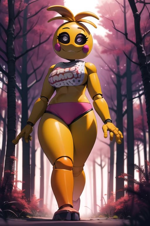 <lora:toychica-10:1> toychica, full body, solo, detailed background, walking on alien planet, red forest, purple sky, detailed shading, detailed ambient light, detailed background, masterpiece,