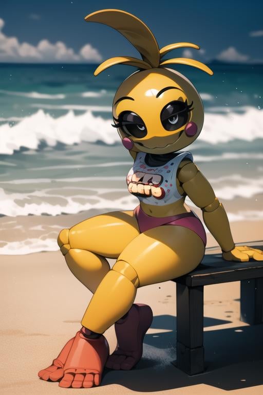 <lora:toychica-05:1> toychica, full body, sitting on sand on beach, detailed background, masterpiece, best quality