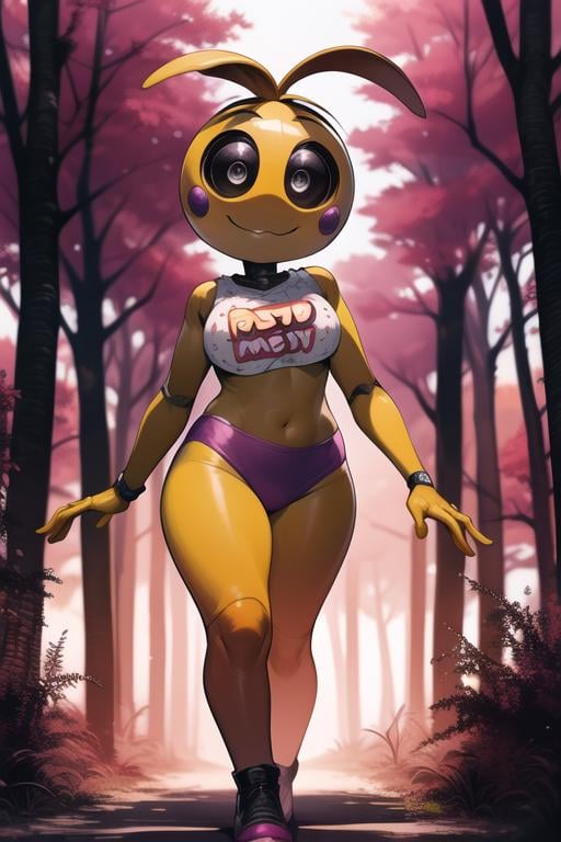 <lora:toychica-04:1> toychica, full body, solo, detailed background, walking on alien planet, red forest, purple sky, detailed shading, detailed ambient light, detailed background, masterpiece,