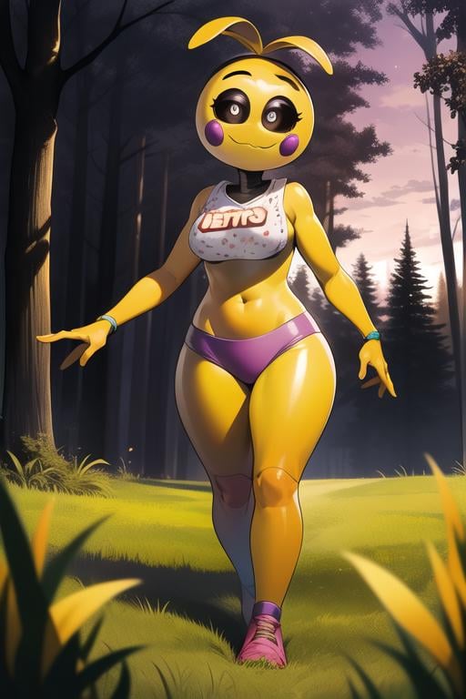 <lora:toychica-04:1> toychica, full body, solo, detailed background, walking on alien planet, red forest, purple sky, zoomed out shot, grass reaches till hips, detailed shading, detailed ambient light, detailed background, masterpiece,