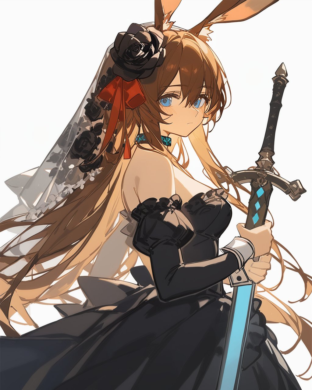 ciloranko,  god light, 1girl,  animal ears,  solo,  dress,  black dress,  blue eyes,  amiya (arknights),  rabbit ears,  long hair,  white background,  sword,  holding,  hair ornament,  weapon,  flower,  simple background,  looking at viewer,  brown hair,  breasts,  holding sword,  hair flower,  holding weapon,  black flower,  red ribbon,  veil,  bare shoulders,  choker,  ribbon,  medium breasts,  bangs,  alternate costume,  hair between eyes,  from side,  rose,  upper body,  strapless,  very long hair,  hair ribbon,  black rose,  closed mouth,  wrist cuffs,  strapless dress,  looking to the side,  sidelocks,  animal ear fluff,  rabbit girl,  detached sleeves,  black choker,  frills