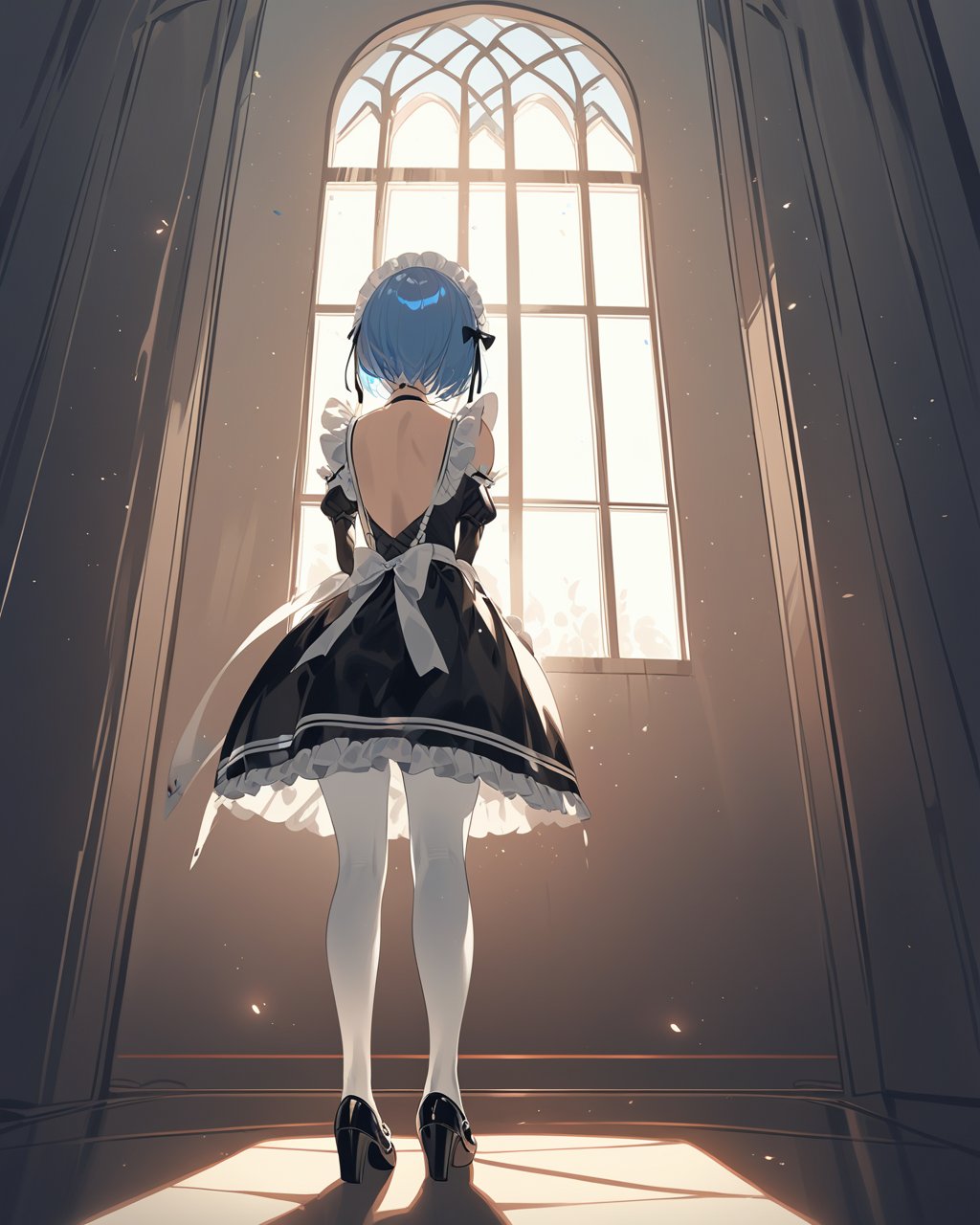 fajyobore,  1girl,  blue hair,  solo,  short hair,  roswaal mansion maid uniform,  maid,  rem (re:zero),  detached sleeves,  from behind,  indoors,  holding,  back,  frills,  window,  frilled sleeves,  dress,  white pantyhose,  pantyhose,  facing away,  ribbon,  black footwear,  long sleeves,  maid headdress,  shoes,  shoe soles,  breasts,  hair ribbon,  standing,  backless outfit,  hair ornament,  apron