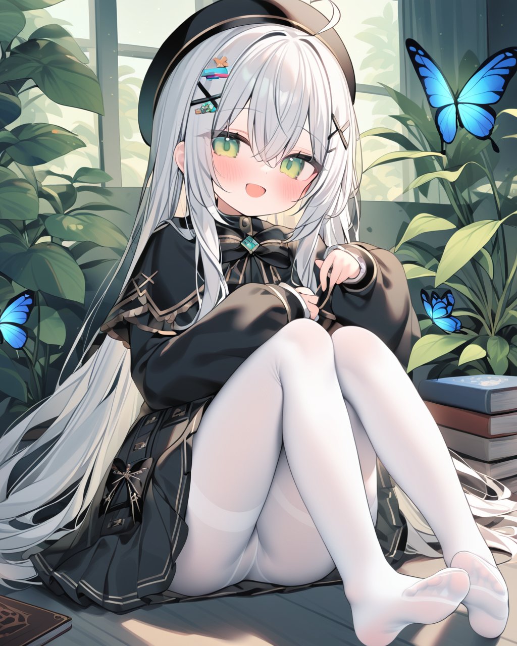 chen bin,  1girl,  solo,  green eyes,  long hair,  bug,  book,  hair ornament,  hat,  white pantyhose,  butterfly,  no shoes,  looking at viewer,  pantyhose,  feet,  blush,  long sleeves,  bangs,  sitting,  black headwear,  white hair,  skirt,  ahoge,  x hair ornament,  hair between eyes,  open mouth,  smile,  blue butterfly,  capelet,  sweater,  sleeves past wrists,  hairclip,  beret,  book stack,  :d,  very long hair,  black capelet,  black skirt,  knees up,  legs,  toes,  can,  hand on own knee,  frills,  between legs,  soles,  bow,  indoors,  hand between legs,  plant,  puffy long sleeves