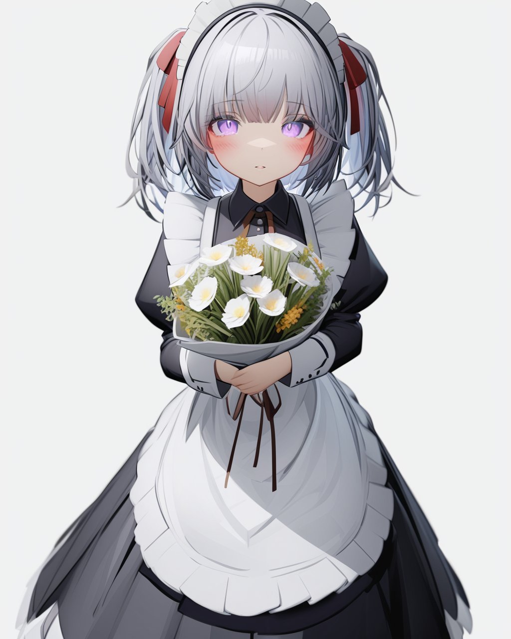 tab head,  mmd style,  1girl,  solo,  flower,  bouquet,  purple eyes,  maid headdress,  looking at viewer,  maid,  apron,  holding,  white background,  long sleeves,  holding bouquet,  grey hair,  dress,  bow,  juliet sleeves,  puffy sleeves,  blush,  simple background,  parted lips,  frills,  ribbon,  two side up,  hair bow,  maid apron