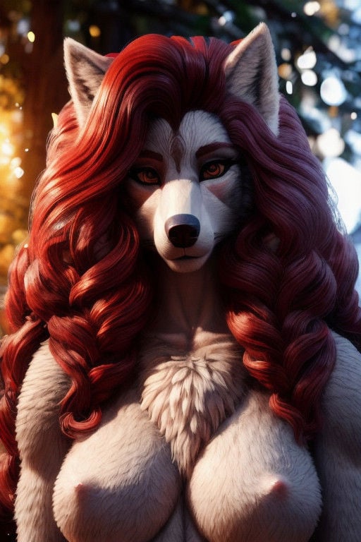 Female, (((anthro))), (((fluffy female wolf, red hair, large hairstyle, intricate hair style)))detailed, ambient light, (detailed lighting), (ambient light on the body),(((sharp focus, masterpiece, 8k, 4k, raw photo, best quality, hi res, high resolution, high details, ultra realistic, absurd res, ray tracing))), (eyelashes), (tail),