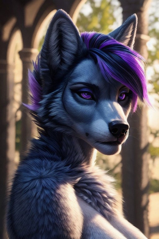 Female, (((anthro))), (((fluffy female wolf, dark blue with bright purple highlights, side cut hairstyle, intricate hair style)))detailed, ambient light, (detailed lighting), (ambient light on the body),(((sharp focus, masterpiece, 8k, 4k, raw photo, best quality, hi res, high resolution, high details, ultra realistic, absurd res, ray tracing))), (eyelashes), (tail),