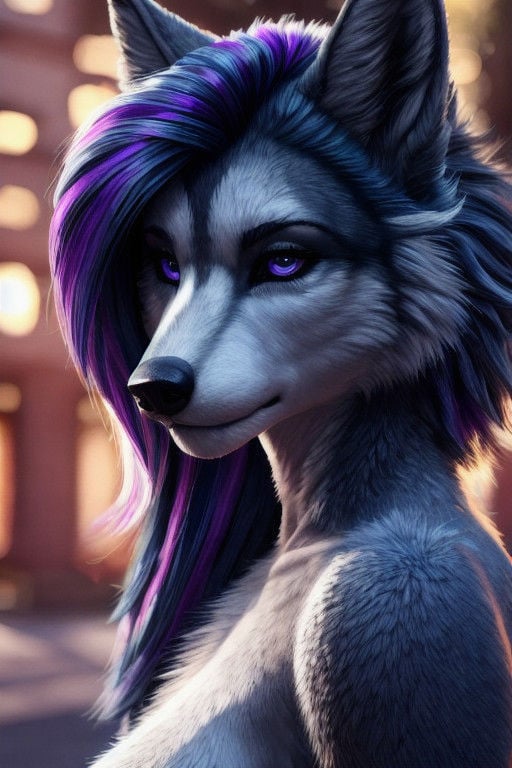 Female, (((anthro))), (((fluffy female wolf, dark blue with bright purple highlights, side cut hairstyle, intricate hair style)))detailed, ambient light, (detailed lighting), (ambient light on the body),(((sharp focus, masterpiece, 8k, 4k, raw photo, best quality, hi res, high resolution, high details, ultra realistic, absurd res, ray tracing))), (eyelashes), (tail),