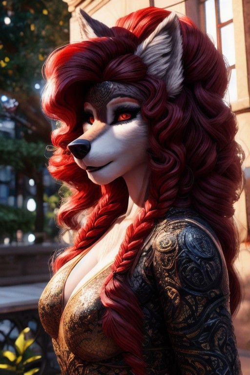 Female, (((anthro))), (((fluffy female wolf, red hair, large hairstyle, intricate hair style)))detailed, ambient light, (detailed lighting), (ambient light on the body),(((sharp focus, masterpiece, 8k, 4k, raw photo, best quality, hi res, high resolution, high details, ultra realistic, absurd res, ray tracing))), (eyelashes), (tail),