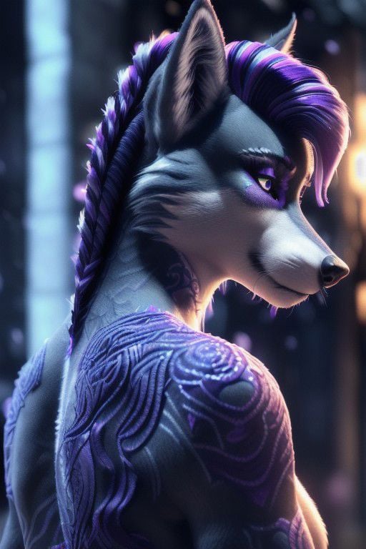 Female, (((anthro))), (((fluffy female wolf, dark blue with bright purple streaks, side cut hairstyle, intricate hair style)))detailed, ambient light, (detailed lighting), (ambient light on the body),(((sharp focus, masterpiece, 8k, 4k, raw photo, best quality, hi res, high resolution, high details, ultra realistic, absurd res, ray tracing))), (eyelashes), (tail),