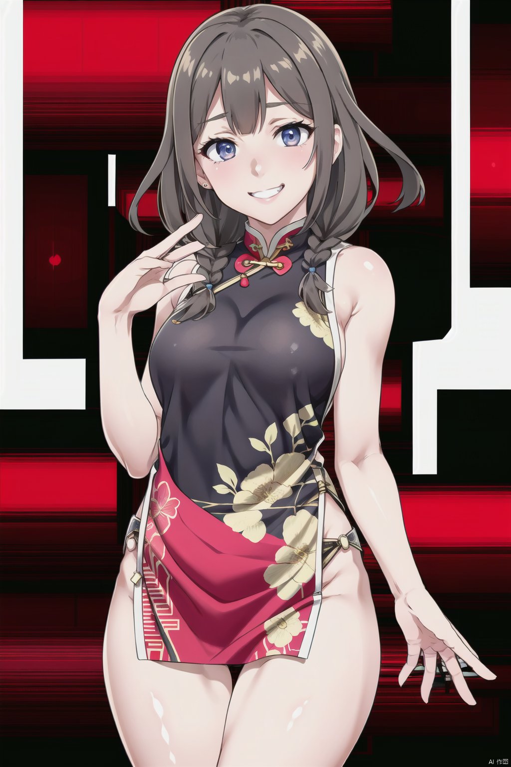 Eyes are very delicate,  Beautiful girl with double braids wearing sexy cheongsam,  Chinese new year decoration（（grinning）...