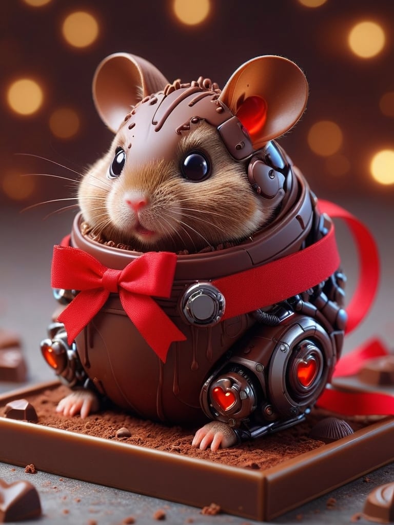 scifi, ValentineTech, chocolate, tasty details, robotic hamster, blurry_background, , hyper detailed