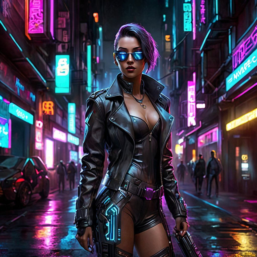 Generate hyper realistic image of a cyberpunk femme fatale navigating the shadowy alleys of a cyber city. Dressed in sleek black leather with holographic accents, her augmented eyes glow in the dimly lit surroundings, blending seamlessly with the city's tech noir atmosphere.