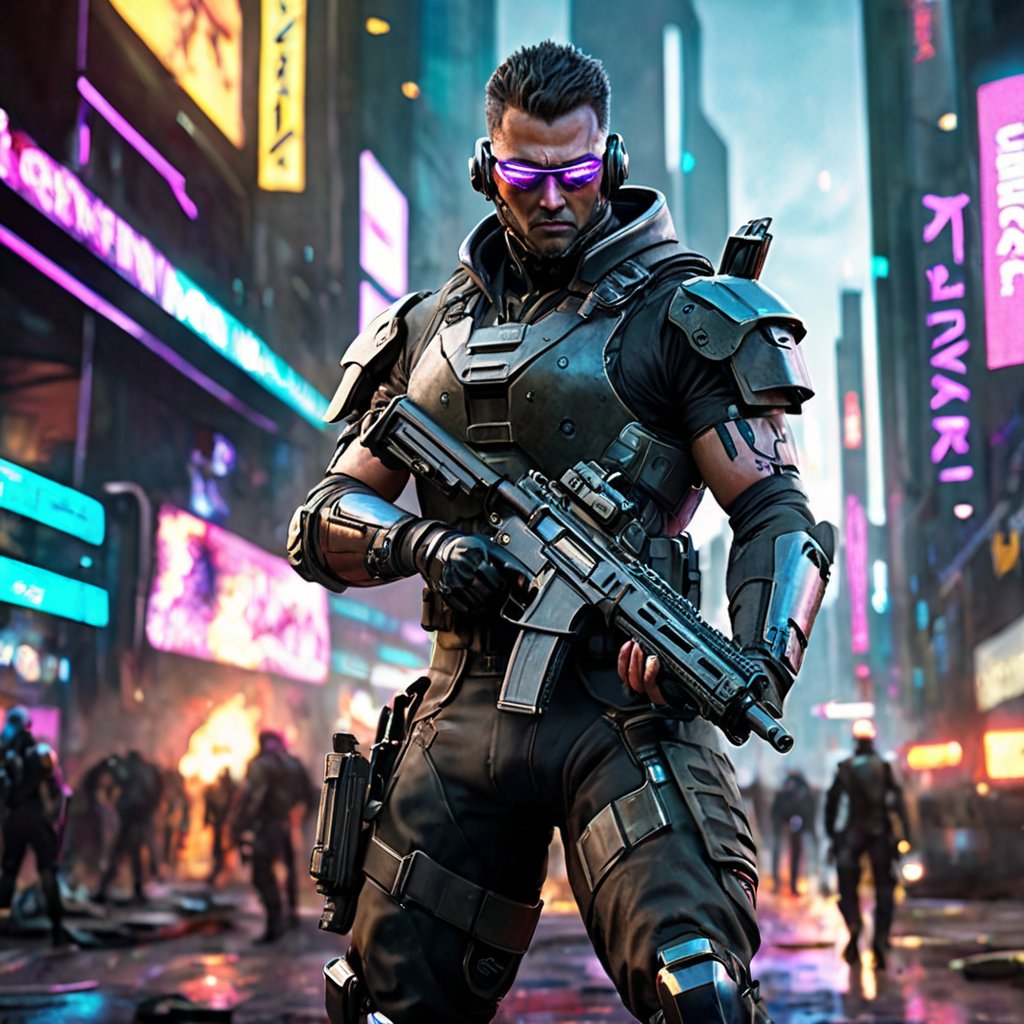 Generate hyper realistic image of a cyberpunk soldier, their cybernetic eyes scanning the horizon for any sign of danger, their cybernetic arm equipped with a devastating energy weapon, ready to defend their faction's territory in the midst of a high-tech battleground.