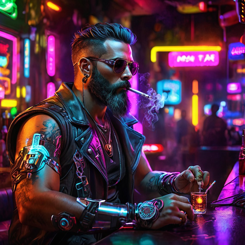 Generate hyper realistic image of a cyberpunk man with a silver mechanical arm, donning sunglasses and an intricate beard. Set in a neon-lit bar, he sits casually, exhaling smoke from a cigarette, while his army tags gleam under the vibrant cyberpunk lights.