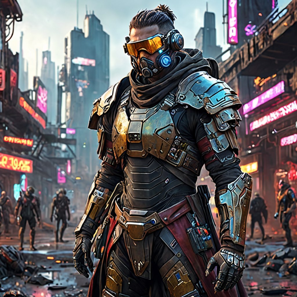 Generate hyper realistic image of an experienced nomad, adorned in high-tech scavenged armor, traversing the sprawling wasteland of a cyberpunk world, their cybernetic implants aiding their survival as they rely on their resourcefulness and connection to their nomadic community.