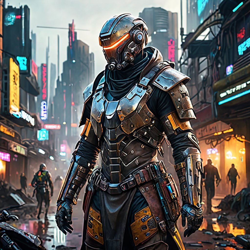 Generate hyper realistic image of an experienced nomad, adorned in high-tech scavenged armor, traversing the sprawling wasteland of a cyberpunk world, their cybernetic implants aiding their survival as they rely on their resourcefulness and connection to their nomadic community.