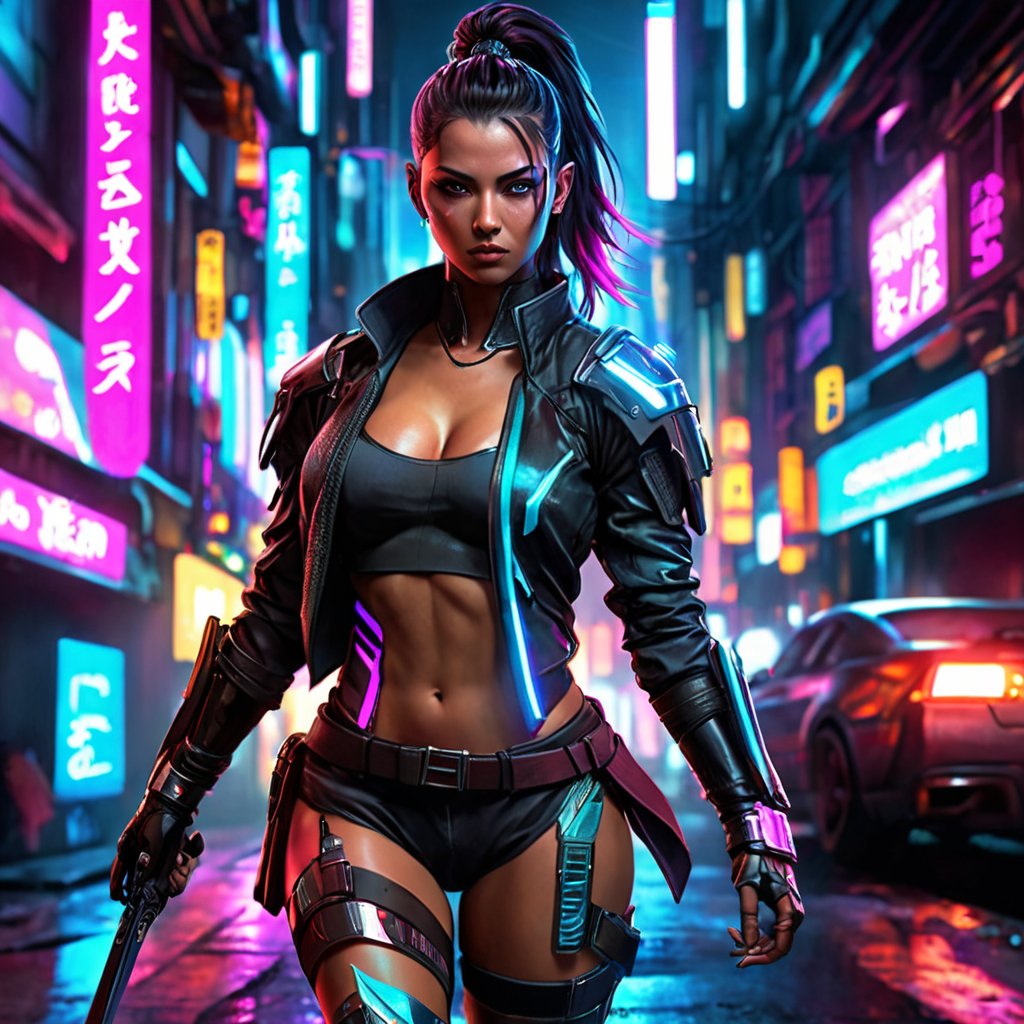 Generate hyper realistic image of a cyberpunk femme fatale navigating the shadowy alleys of a cyberpunk woman with a samurai-inspired look, featuring chrome-plated armor and a holographic katana. Set in a futuristic cyber city, her dynamic pose captures the essence of a skilled runner navigating the neon-lit urban environment.