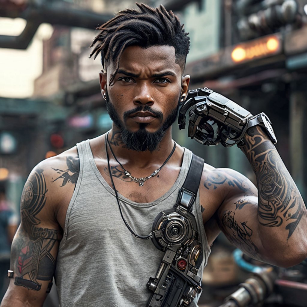 Generate hyper realistic image of solo, black hair, 1boy, male focus, dark skin, tattoo, facial hair, parody, eyepatch, tank top, beard, mechanical arms, cyborg, single mechanical arm, cyberpunk