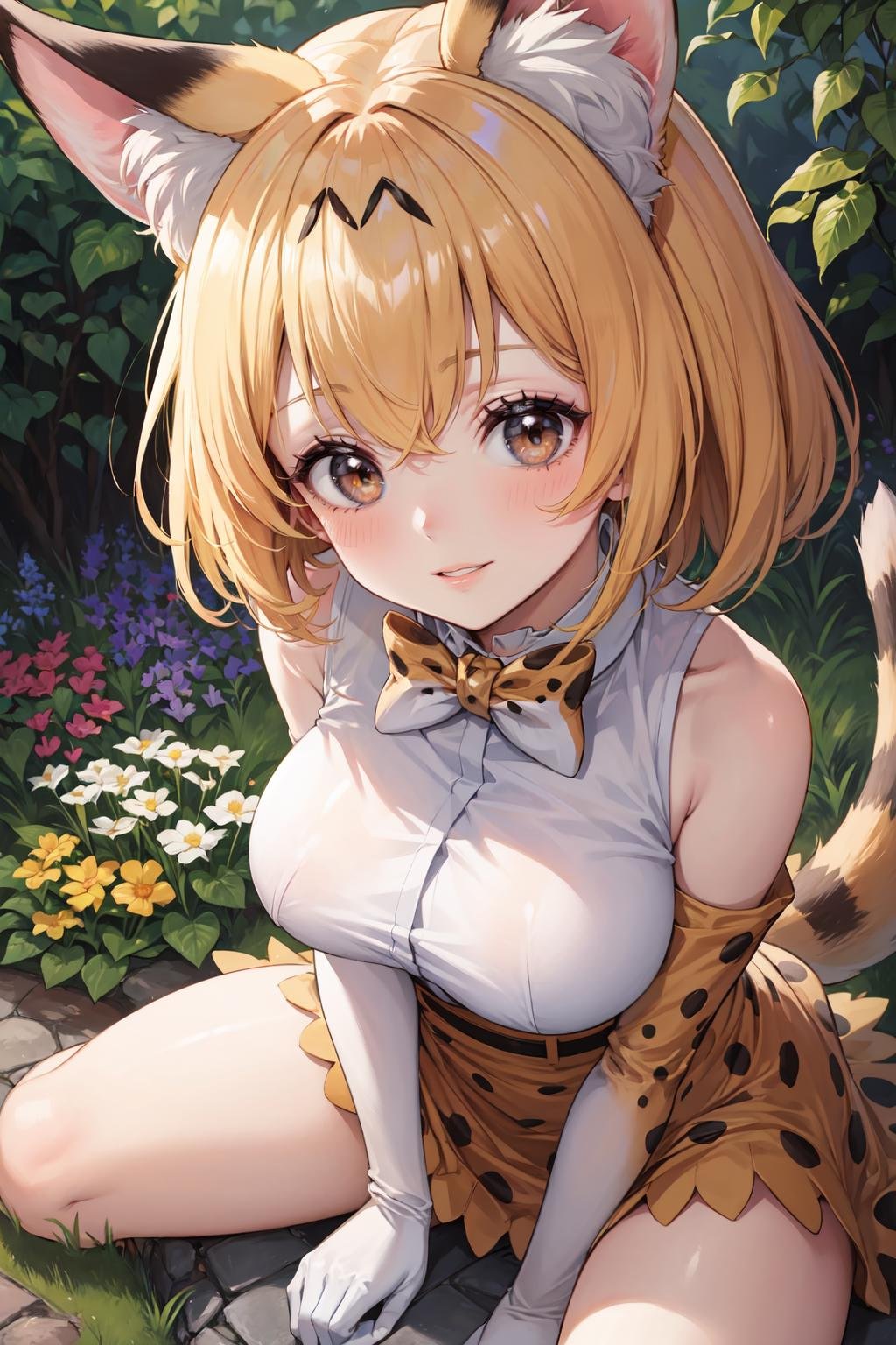 (masterpiece, best quality, ultra detailed), (detailed background, complex background:1.2), (perfect face, detailed face), full-face blush, (milf, mature female:1.4), smile, happy, parted lips, thighs <lora:serval:1> animal ears, short hair, serval print, tail, gloves, shirt, bow, bowtie, elbow gloves, print bow, print bowtie, sleeveless, skirt, white shirt, sleeveless shirt, bare shoulders(garden, outdoors, thighs, sitting) 