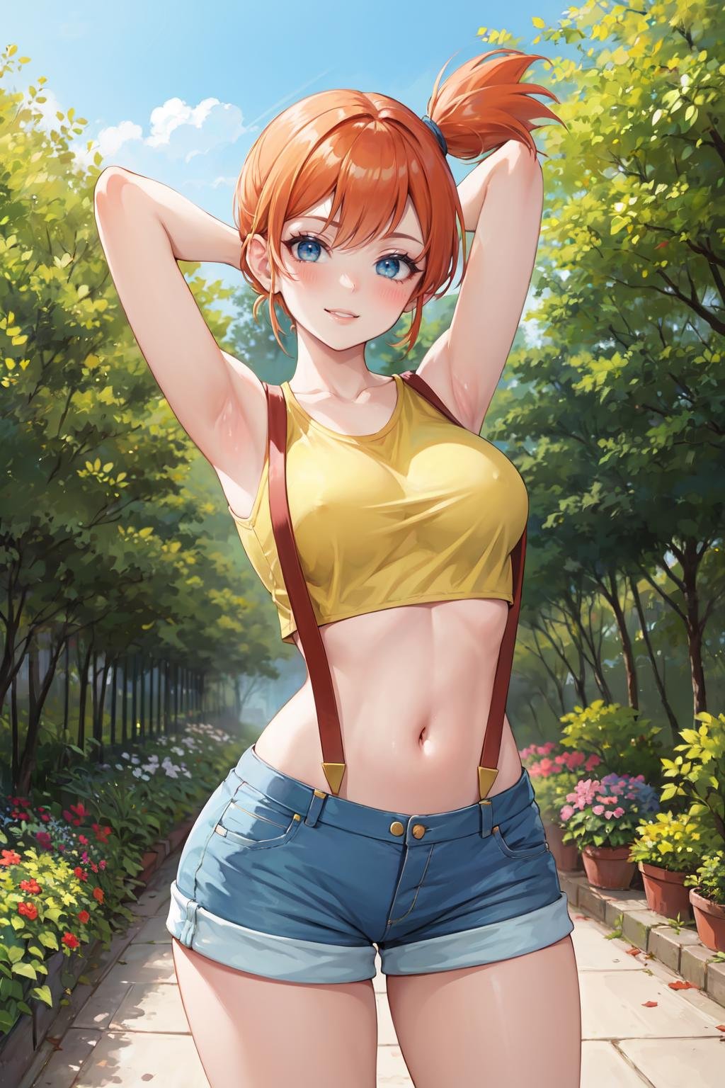 (masterpiece, best quality, ultra detailed), (detailed background, complex background:1.2), (perfect face, detailed face), full-face blush, smile, happy, parted lips, (milf, mature woman:1.4)<lora:misty:1> misty_(pokemon), short hair, side ponytail, looking at viewer, smile, blush, navel, shorts, blue eyes, suspenders, shirt, crop top, midriff, short shorts, medium breasts, (outdoors, garden, thighs, arms behind head, standing)