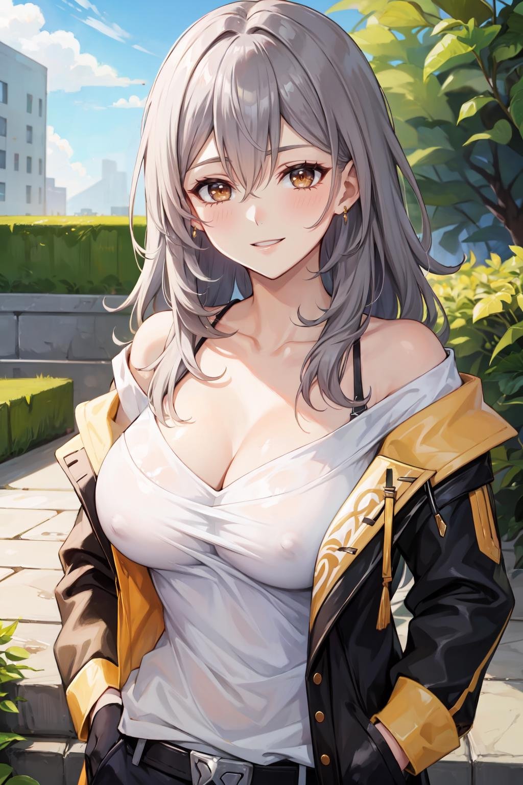 (masterpiece, best quality, ultra detailed), (perfect face, detailed face), (detailed background, complex background:1.2), full-face blush, (milf, mature female:1.4), happy, smile, parted lips,  <lora:stelle:0.8> stelle, long hair, jacket, hair between eyes, shirt, black jacket, white shirt, black gloves, gloves, open jacket, collarbone, off shoulder, bare shoulders, cleavage(outdoors, garden, standing, hands in pockets)    