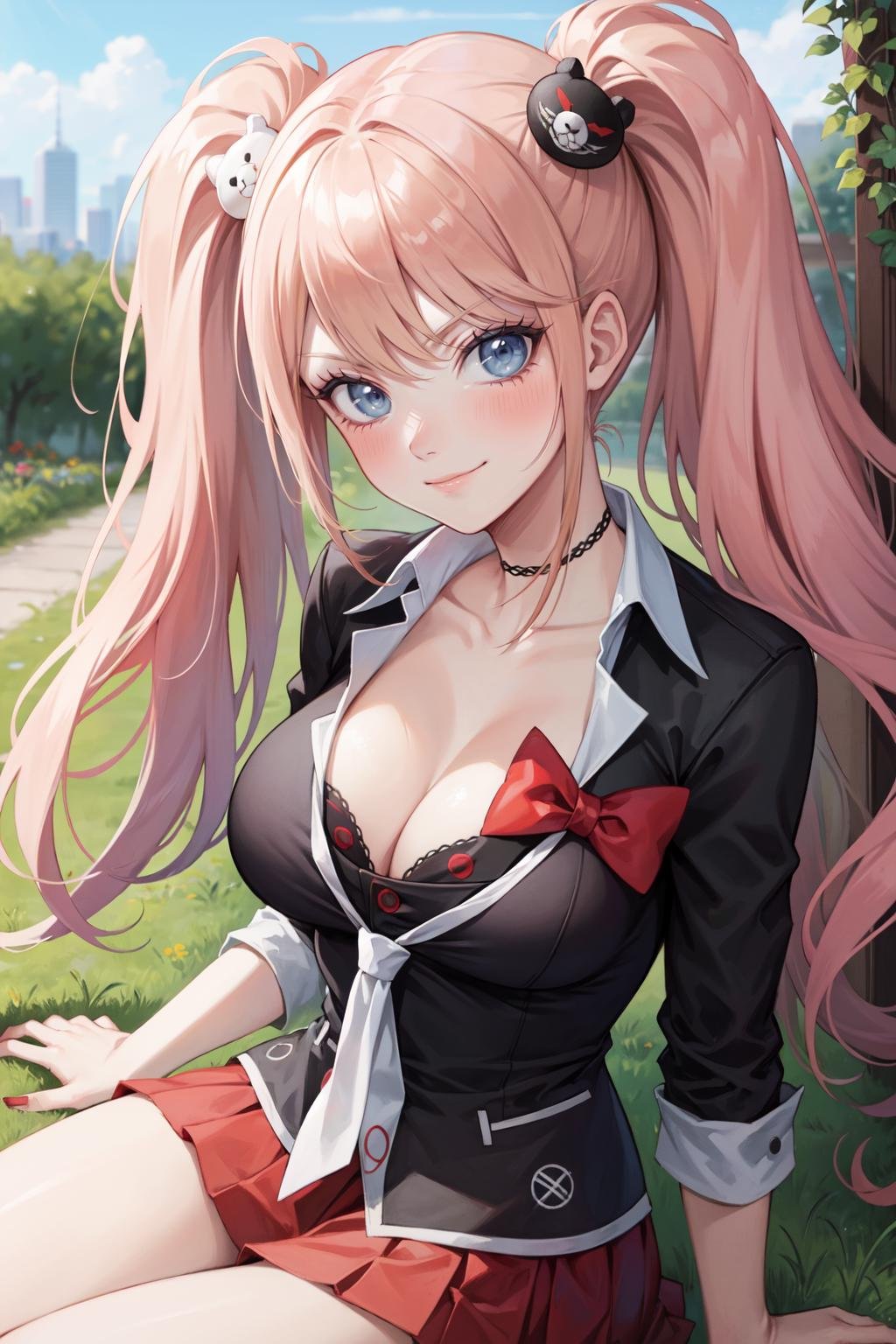 (masterpiece, best quality, ultra detailed), ((full-face blush)), (detailed background:1.2), (perfect face, detailed face), looking at viewer, (mature female:1.4), thick thighs, ((smirk))<lora:enoshima_junko-10:1> enoshima_junko, long hair, twintails, hair ornament, cleavage, bow, shirt, collarbone, large breasts, black shirt, red bow, skirt, choker, red nails(garden, outdoors, sitting),   