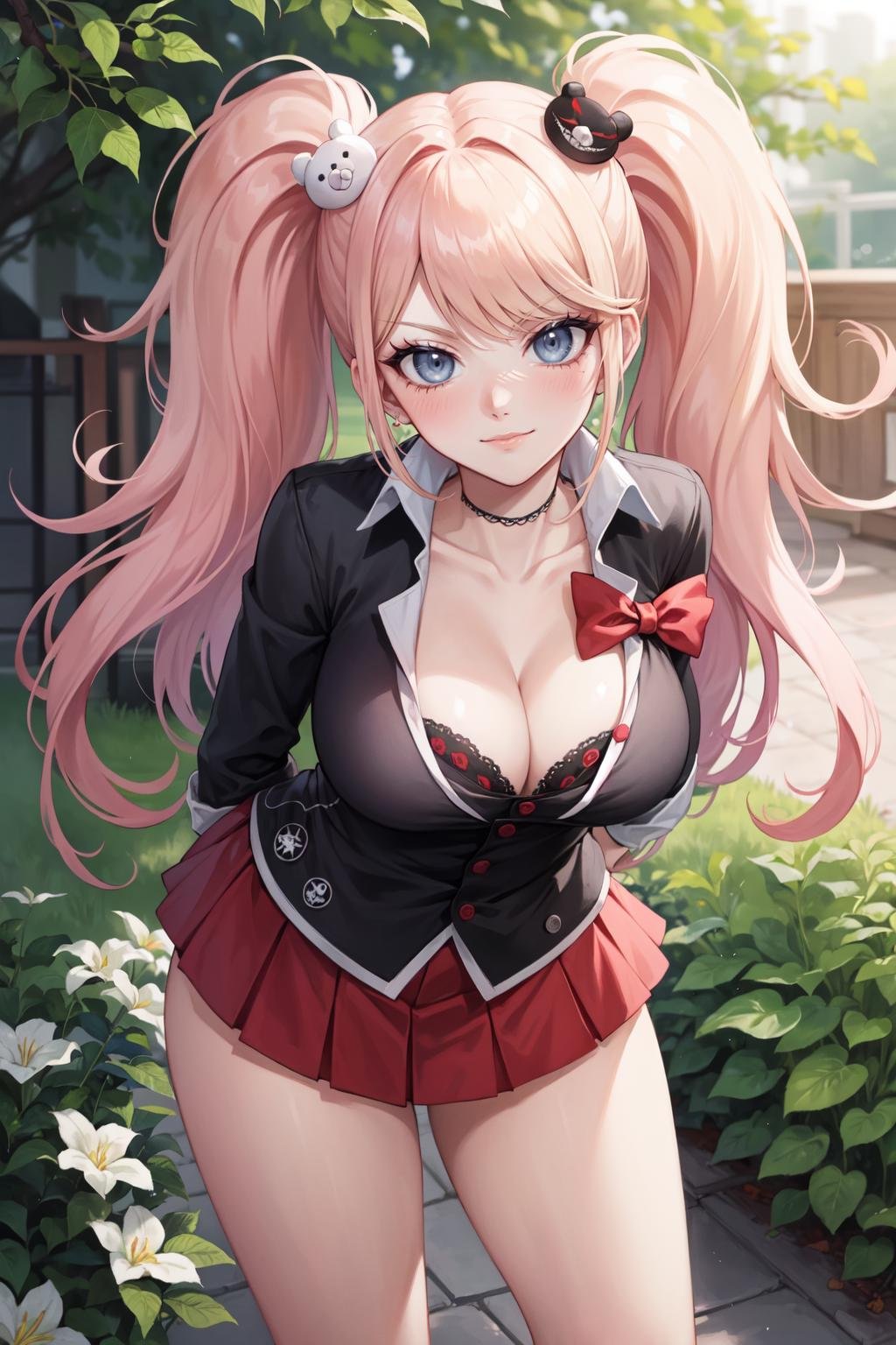 (masterpiece, best quality, ultra detailed), ((full-face blush)), (detailed background:1.2), (perfect face, detailed face), looking at viewer, (mature female:1.4), thick thighs, ((smirk))<lora:enoshima_junko-10:1> enoshima_junko, long hair, twintails, hair ornament, cleavage, bow, shirt, collarbone, large breasts, black shirt, red bow, skirt, choker, red nails(garden, outdoors, standing, hands behind back, leaning forward),   