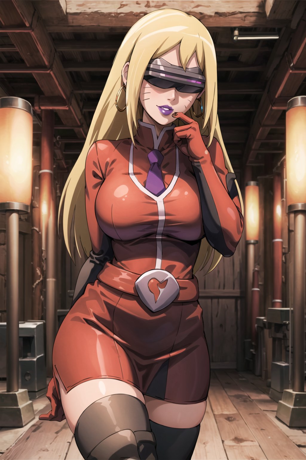 (best quality), (highly detailed), masterpiece, (official art),boruko, facial mark, long hair, blonde hair,, hoop earrings, (team flare:1.2), (head-mounted display), ((purple lips)), gloves,juliet_sleeves, long_sleeves , pleated skirt, thighhighs, thigh boots, dress, belt, red dress, pantyhose, (lips:1.2), evil smile, (seductive pose:1.2), cowboy shot, looking at viewer, indoors, blurry background,depth of field, best quality, masterpiece, intricate details, tonemapping, sharp focus, hyper detailed, trending on Artstation,