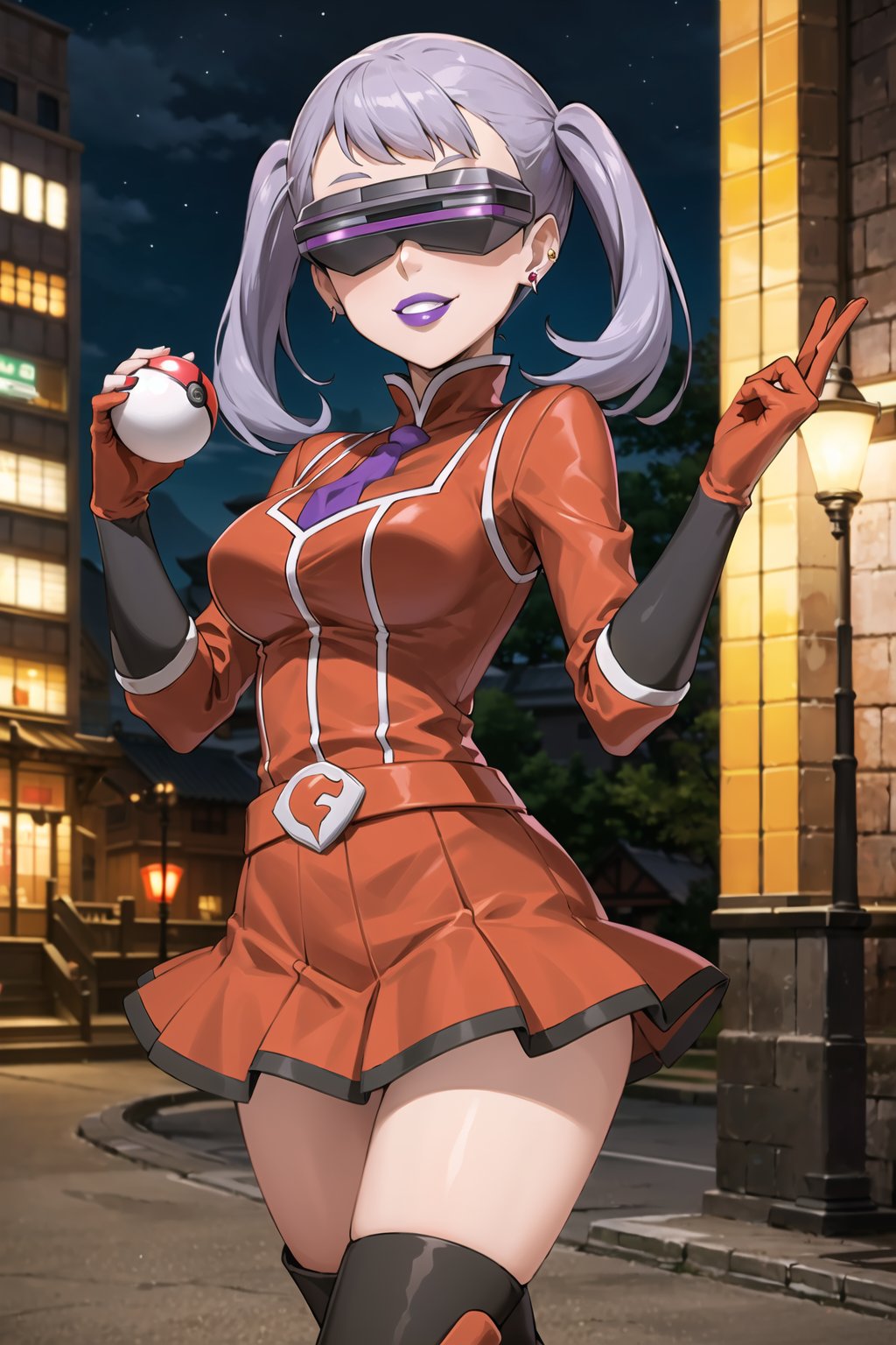 (best quality), (highly detailed), masterpiece, (official art), noelle_silva, silver hair, twintails, bangs, earrings, jewelry, poke ball, poke ball (basic), holding poke ball, posing, lips, ( evil smile), (team flare:1.2), (head-mounted display), ((purple lips)), gloves, juliet_sleeves, long_sleeves, pleated skirt, thighhighs, thigh boots, dress, belt, red dress, pantyhose, looking at viewer, china, asiática, city, night, sky, (intricately detailed, hyperdetailed), blurry background,depth of field, best quality, masterpiece, intricate details, tonemapping, sharp focus, hyper detailed, trending on Artstation,1 girl, high res, official art