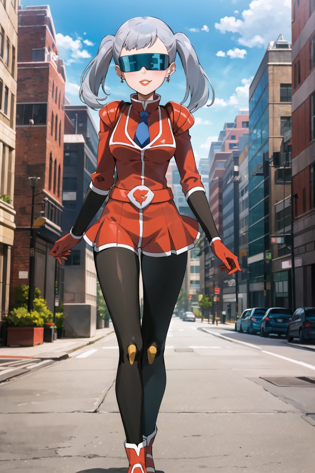 ((best quality)), ((highly detailed)), masterpiece, ((official art), (noelle_silva, silver hair, twintails, bangs, earrings, jewelry), (team flare:1.2),(blindfold), evil smile, lips, blue lips, outdoor, city, street,  (red bodysuit), shoulder armor,  shoulder pads, necktie, red gloves, red jacket, belt, red skirt, black pantyhose, 