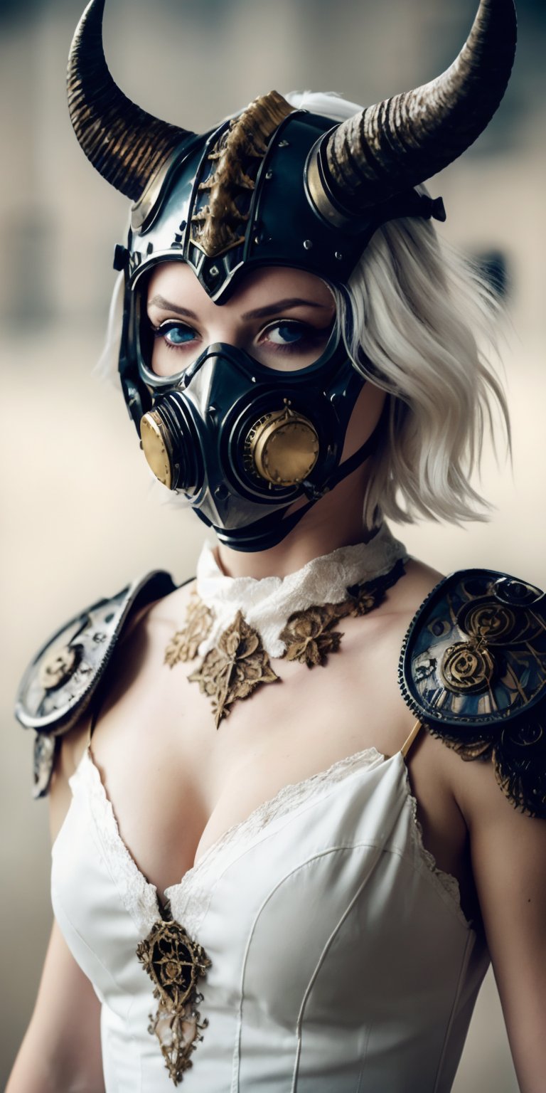  short messy hair, 1 girl, (masterpiece, full body), blur background, sharp focus, albino demon girl,slit pupil eyes,Intricate Iris Details,heterochromia_iridis,(gas mask),(long intricate horns:1.2) ,pure white hair,Wearing Medieval black Knight Armor adorn with fresh flowers, Gold carved full plate Armor, best quality, highest quality, extremely detailed CG unity 8k wallpaper, detailed and intricate, ,steampunk style,perfecteyes, flower_core