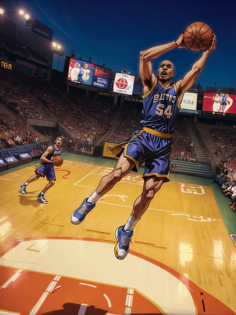 Kareem Abdul-Jabbar  leaping through the air doing a slam dunk \(basketball\), from above,  