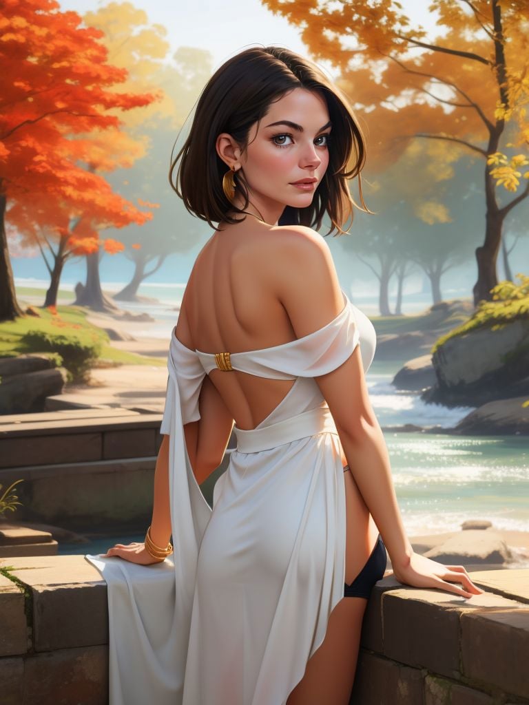 3/4 portrait, modelshoot, beautiful woman,  michelle monaghan wearing backless outfit,  romantic autumn garden, rich colors of fall, cushy blankets on benches, smell of leaves underfoot, glowing lights in the trees,  masterpiece, best quality, (style of harry potter:1.1)