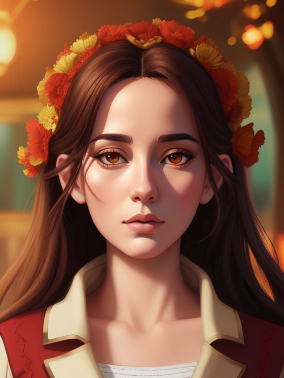 Extremely Detailed Digital CG Art Portrait, art trigger studio anime by bitto Bérénice Bejo fall leaves, outdoors, autumn