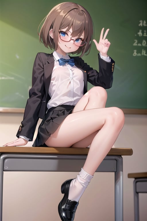 1girl solo , slim, small breasts , brown hair,   slim, athetic, mature,smile,evil face, school, books, black jacket, black skirt, black tie , circular glasses ,legs, black shoes, Miss,classroom,teacher ,blue eyes, in front of the blackboard the girl teach classes,  write on the board, white socks ,front  view